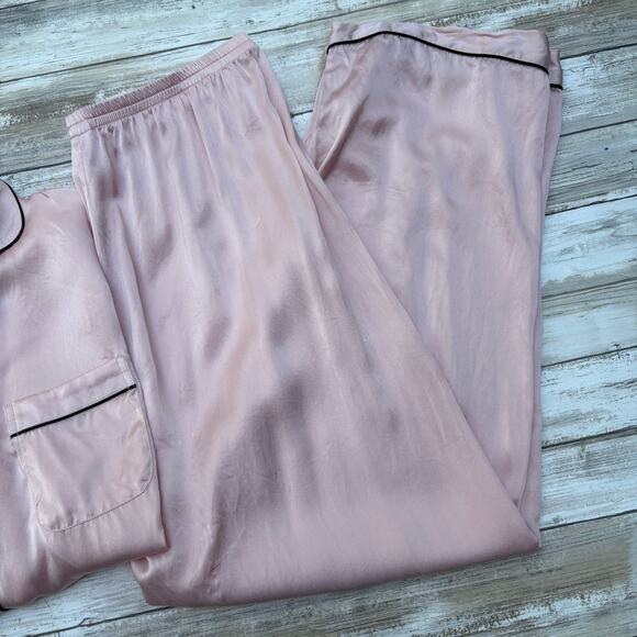 SilkSilky Pajama Set Sz Sm 2 Piece Button Up Pants Pastel Pink 200% Silk Luxury - Picture 3 of 16